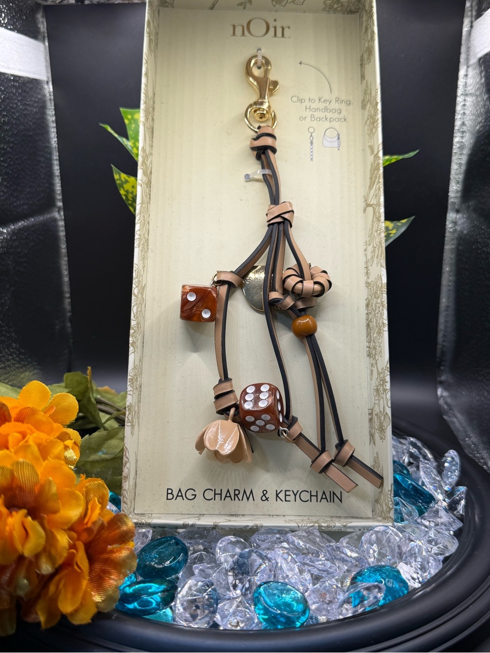 nOir Jewelry Tan and Brown Dice Charm Keychain with Gold Clip